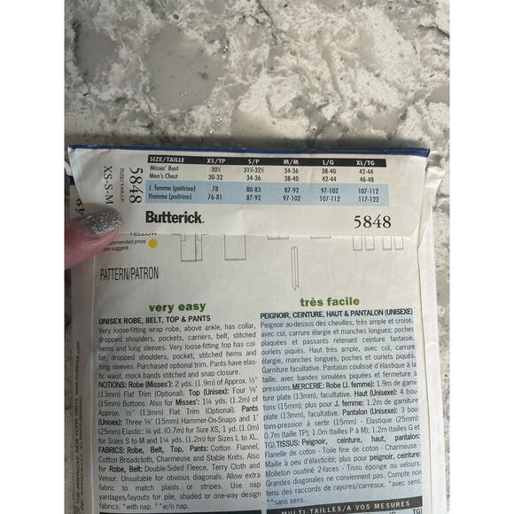 Butterick Pattern 5848 Sizes XS - M Easy Unisex Robe Belt Top Pants Uncut 1998 - Picture 3 of 3